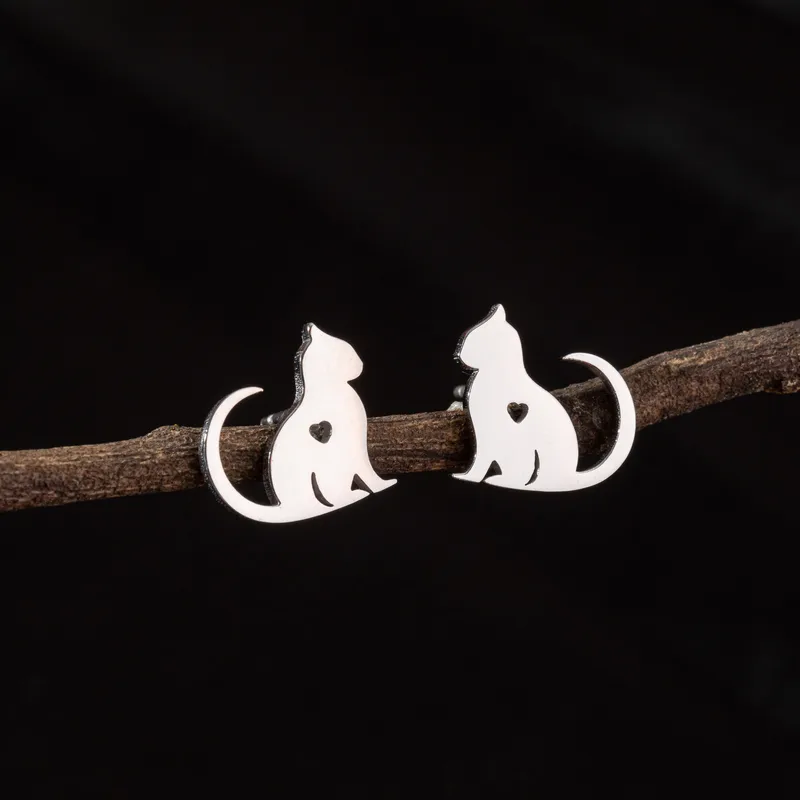 Pendientes Gatito Corazón de Acero Inoxidable
