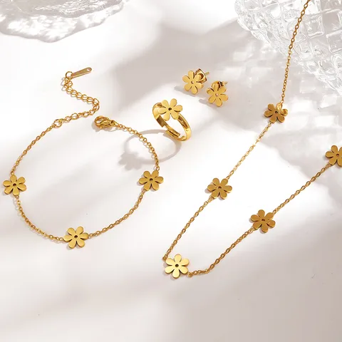 Conjunto Flor de Acero Inoxidable Chapado en Oro 18K