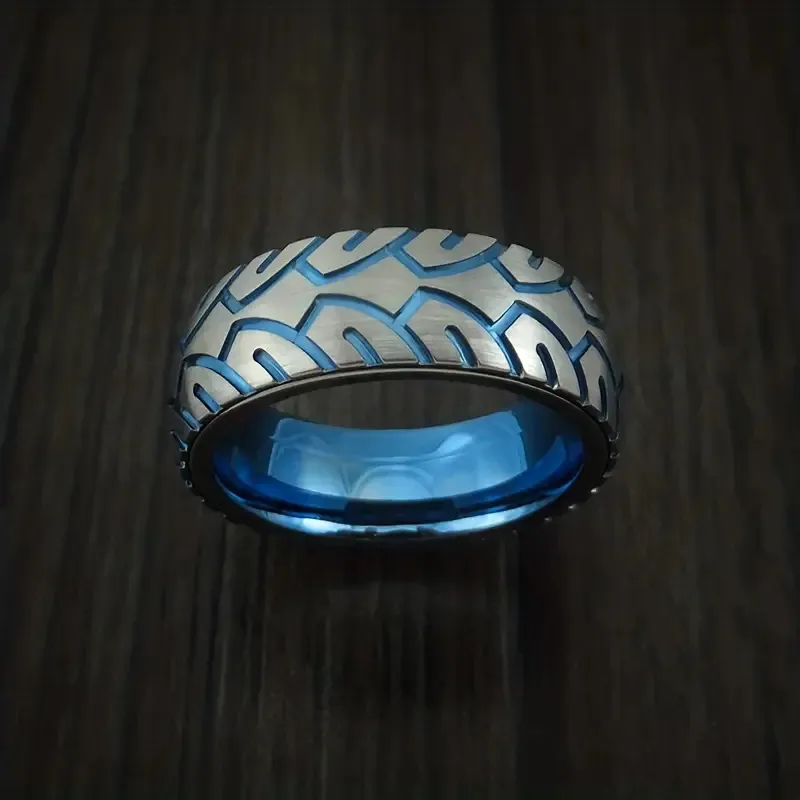Anillo de Acero Inoxidable Diseño Texturizado Azul