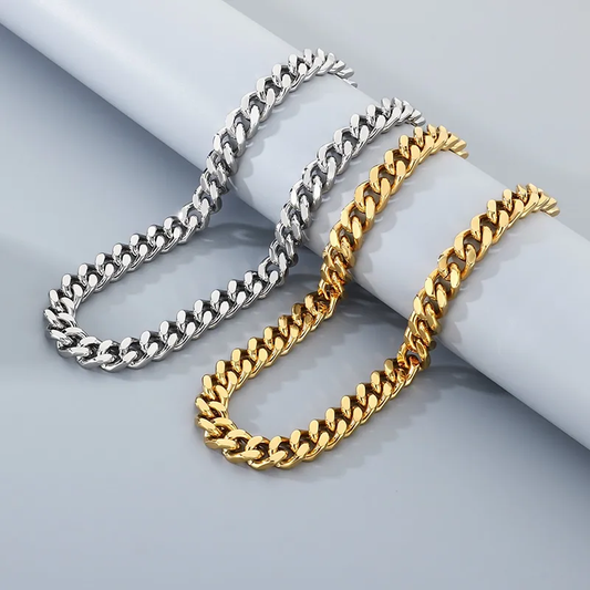 Cadena Cubana Clásica – Acero Inoxidable Plateado / Dorado 18K