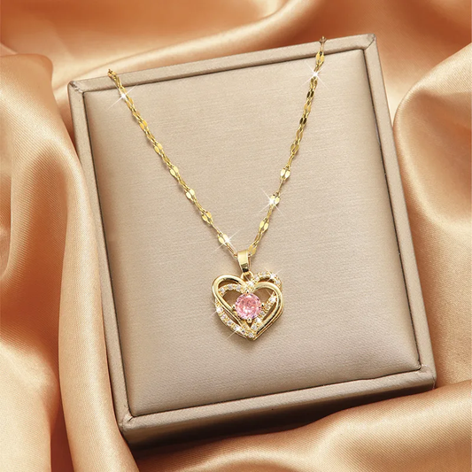 Colgante Corazón Dorado con Circon Rosa