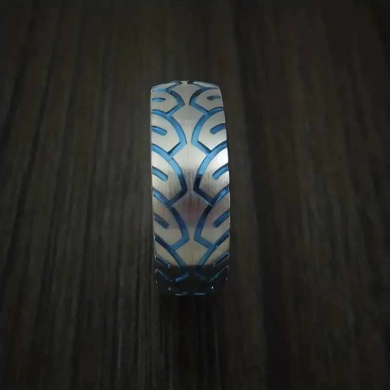 Anillo de Acero Inoxidable Diseño Texturizado Azul