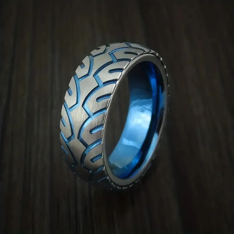 Anillo de Acero Inoxidable Diseño Texturizado Azul